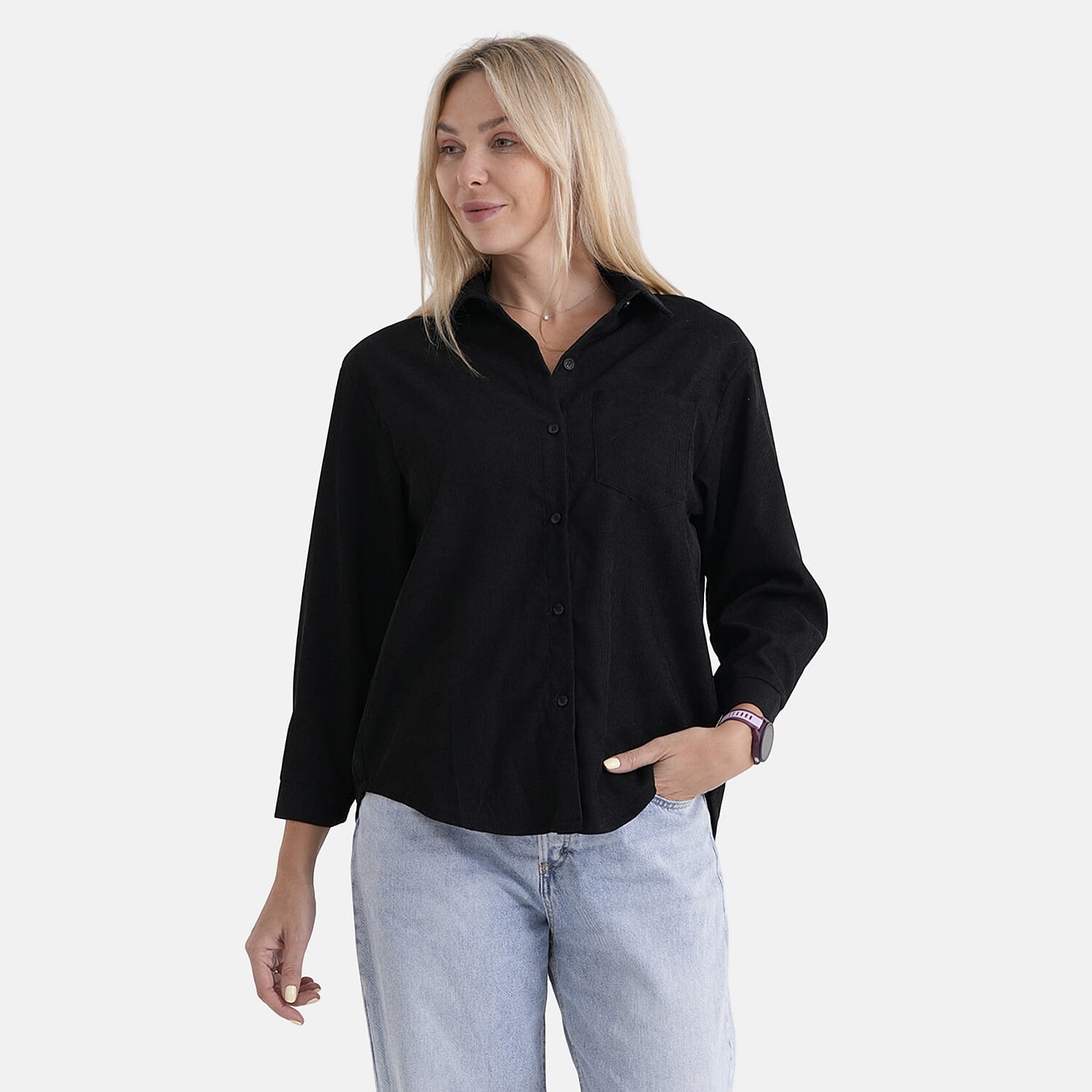 - Maisi Corduroy Solid Color Relaxed Fit Shirt (Size L) - Black