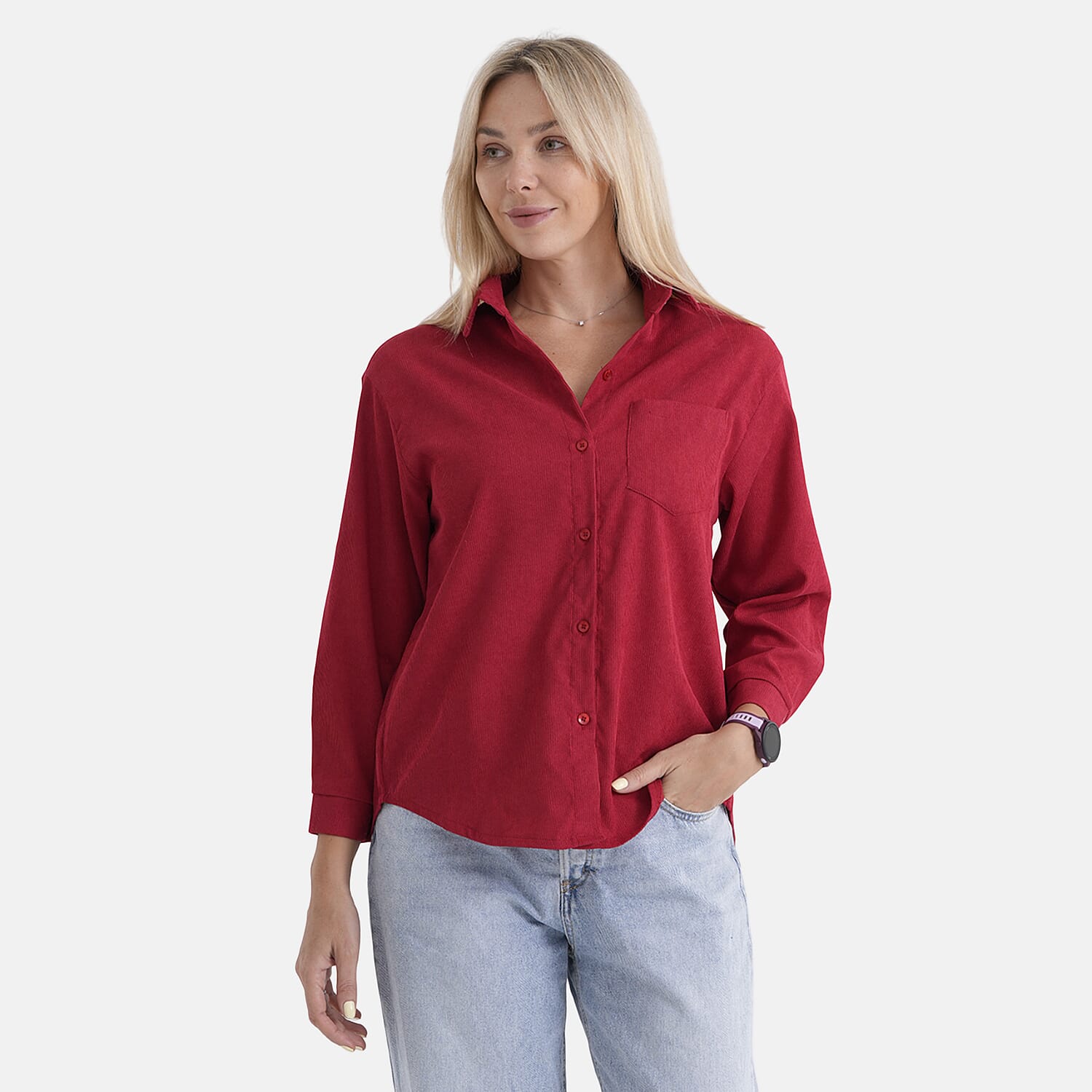 - Maisi Corduroy Solid Color Relaxed Fit Shirt (Size L) - Red