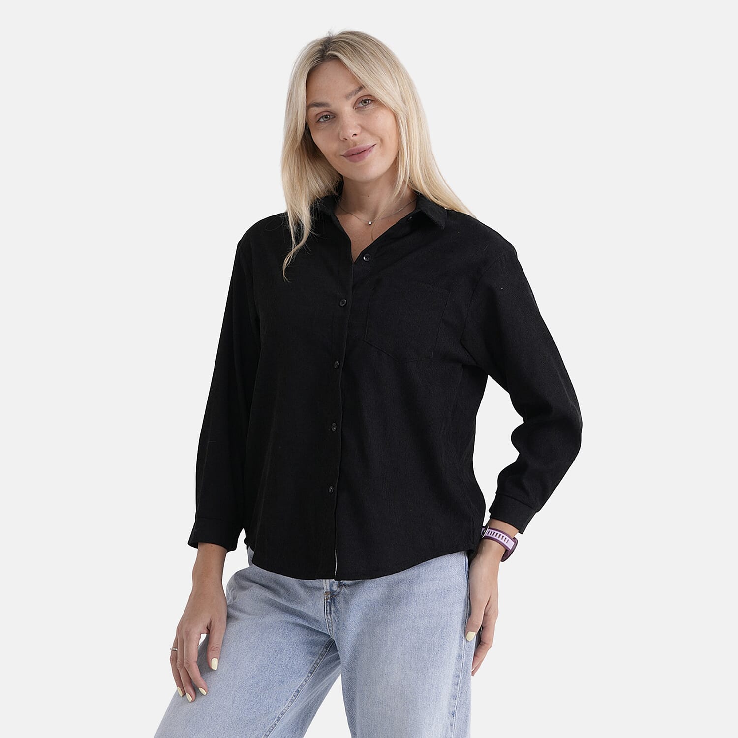 - Maisi Corduroy Solid Color Relaxed Fit Shirt (Size M) - Black