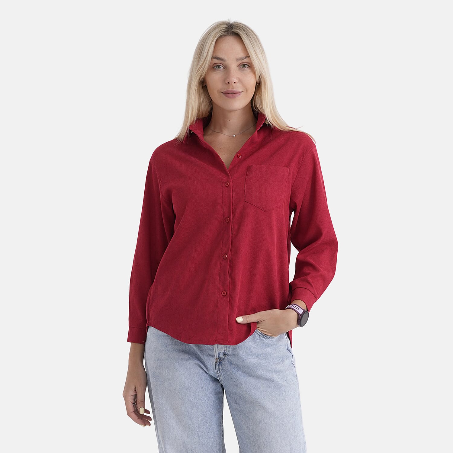 - Maisi Corduroy Solid Color Relaxed Fit Shirt (Size M) - Red
