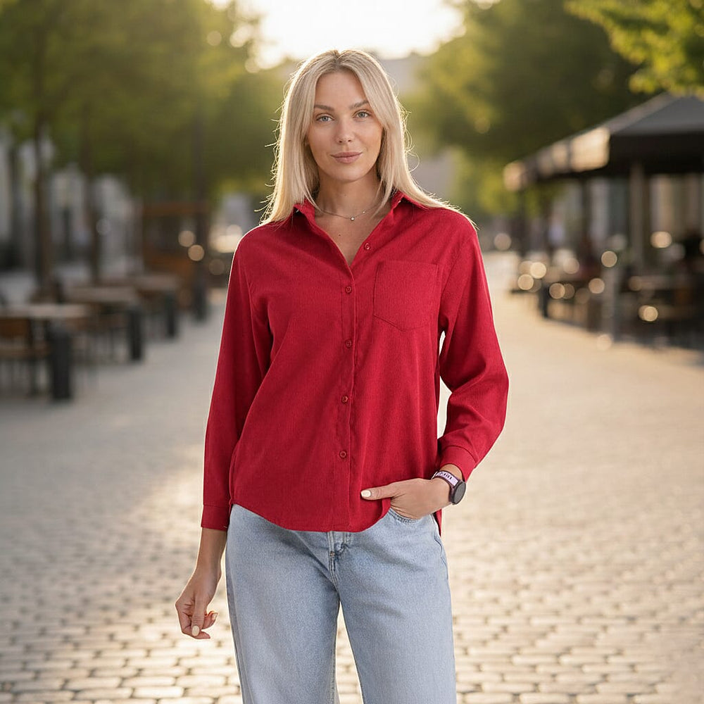 - Maisi Corduroy Solid Color Relaxed Fit Shirt (Size S) - Red