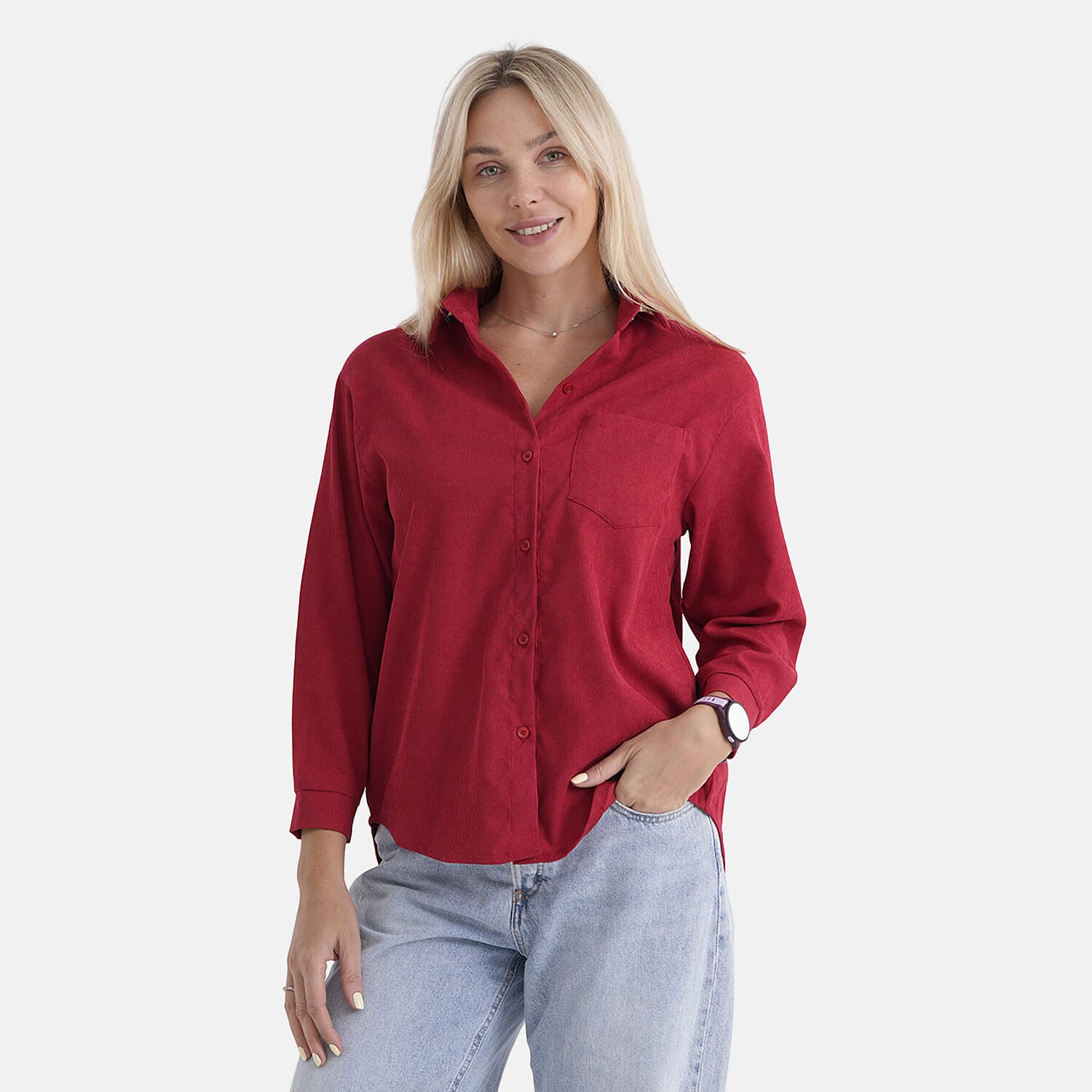 - Maisi Corduroy Solid Color Relaxed Fit Shirt (Size XL) - Red