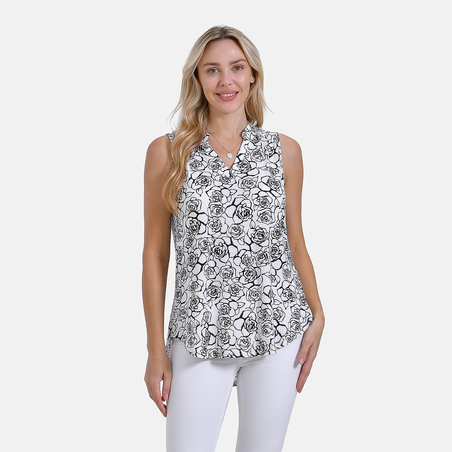 - Maisi Rose Pattern Sleeveless Relax Fit Blouse (Size - L) - White - Black