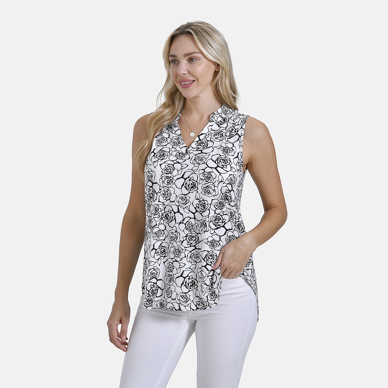 THE SHOWSTOPPER - - Maisi Rose Pattern Sleeveless Relax Fit Blouse (Size - S) - White - Black