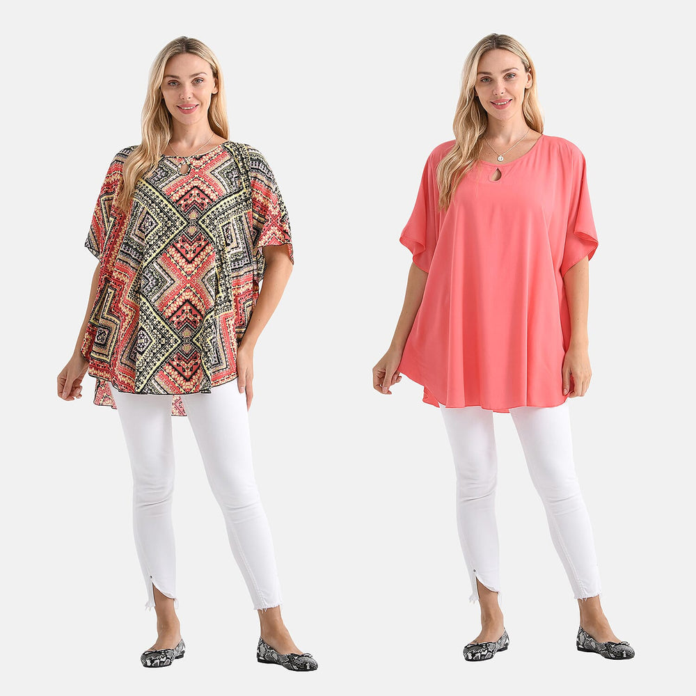 - Maisi - Set of 2 Womens Diamond Pattern - Solid Viscose Round Neck Top (One Size) - Orange