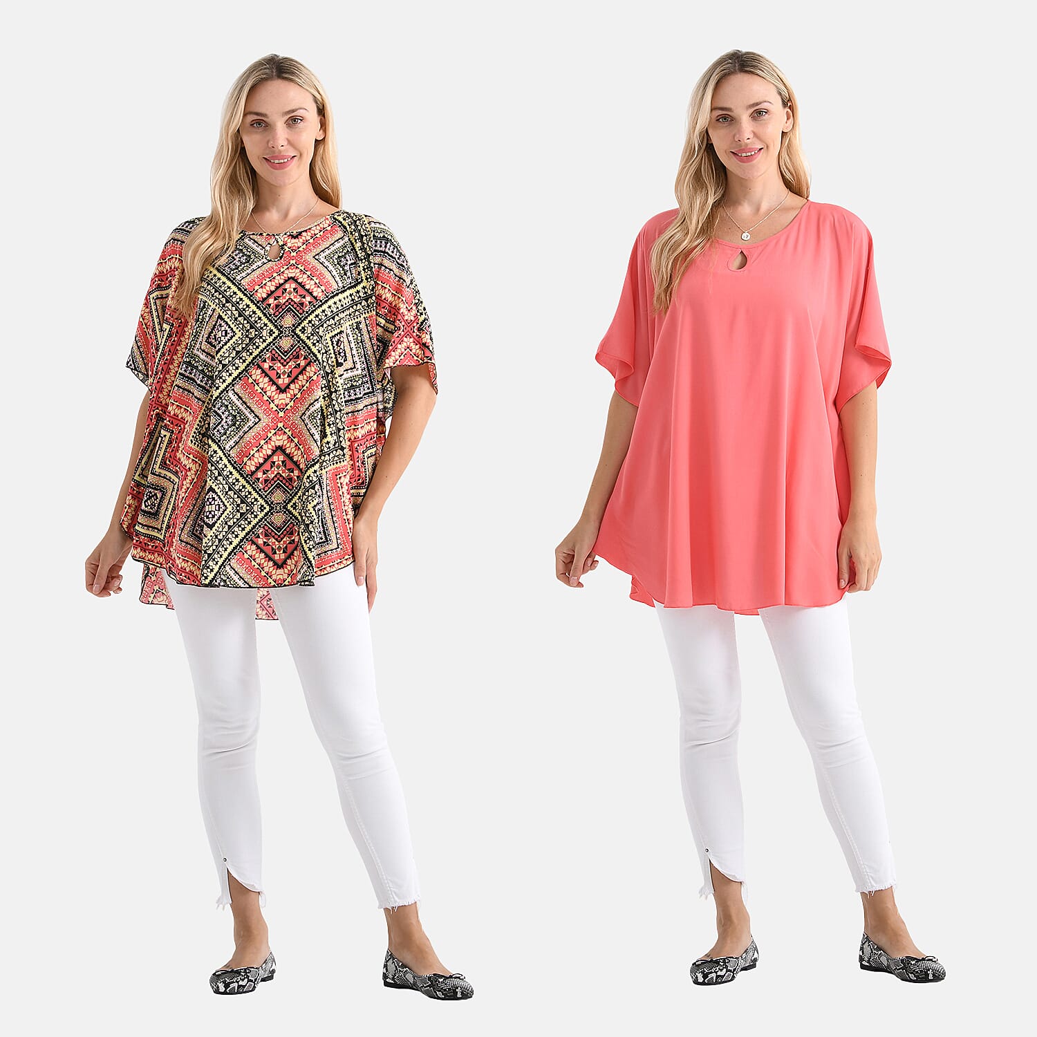 - Maisi - Set of 2 Womens Diamond Pattern - Solid Viscose Round Neck Top (One Size) - Orange