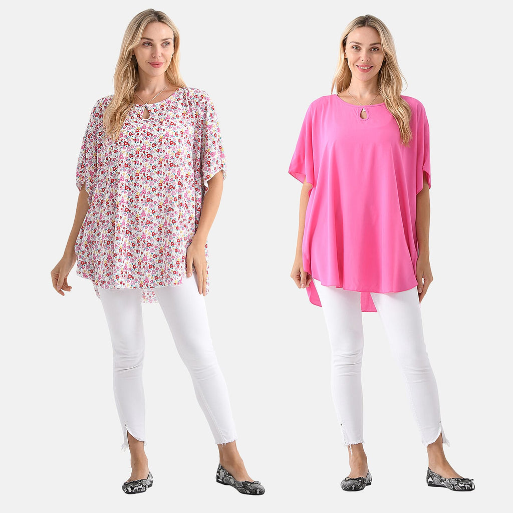 - Maisi - Set of 2 Womens Floral Print - Solid Viscose Round Neck Top (One Size) - Pink