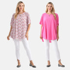 - Maisi - Set of 2 Womens Floral Print - Solid Viscose Round Neck Top (One Size) - Pink