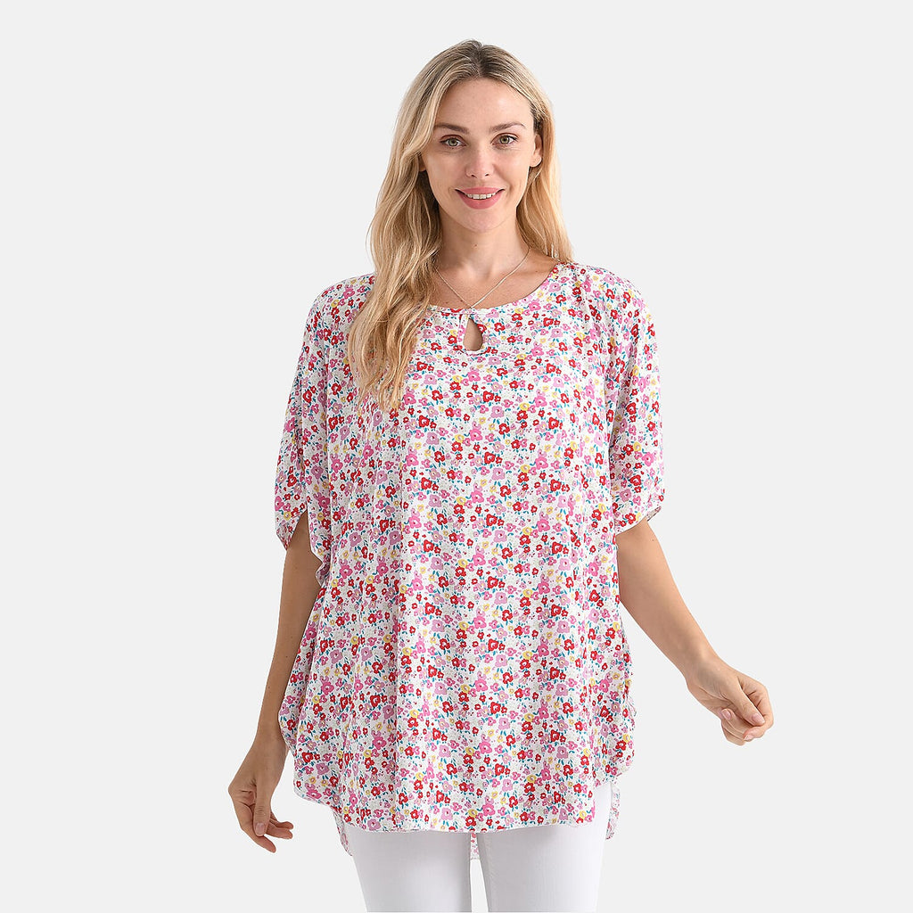 - Maisi - Set of 2 Womens Floral Print - Solid Viscose Round Neck Top (One Size) - Pink