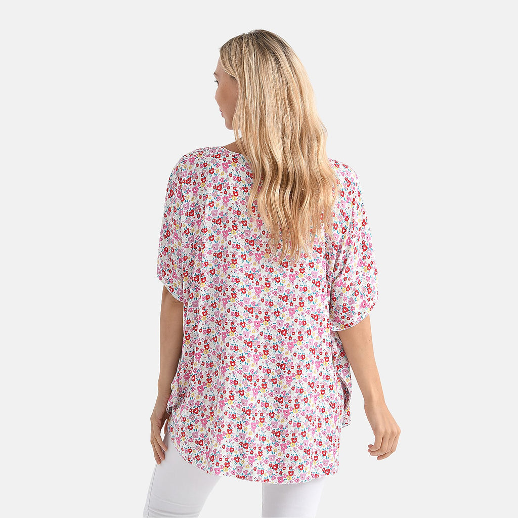 - Maisi - Set of 2 Womens Floral Print - Solid Viscose Round Neck Top (One Size) - Pink