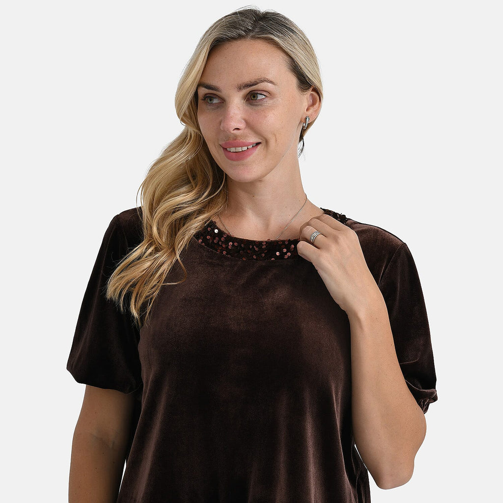 &  maisi Women’s Velvet Sequin Round-Neck Top with Short Puff Sleeves