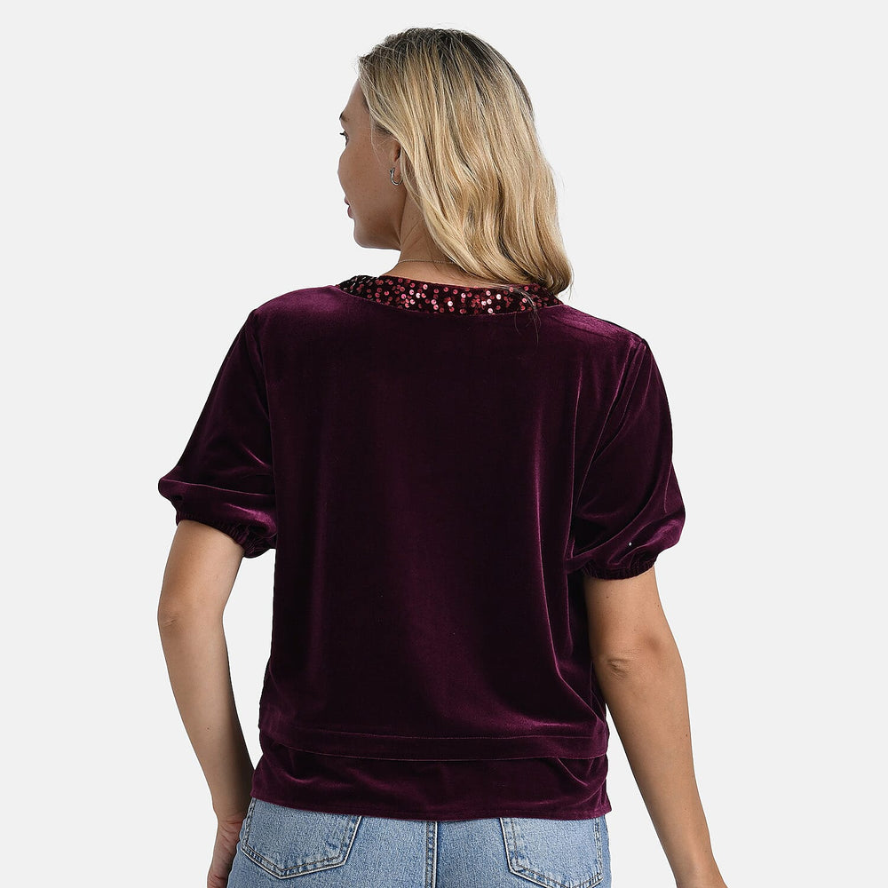 &  maisi Women’s Velvet Sequin Round-Neck Top with Short Puff Sleeves
