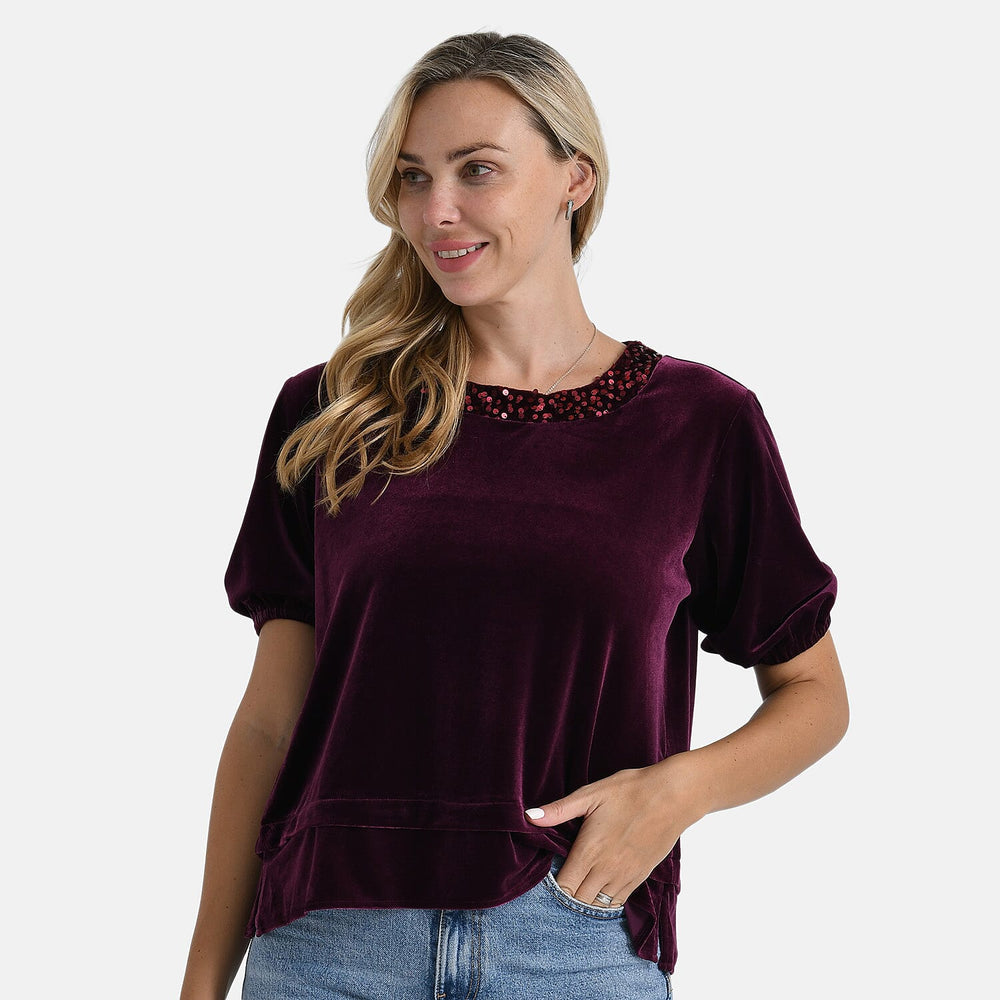 &  maisi Women’s Velvet Sequin Round-Neck Top with Short Puff Sleeves