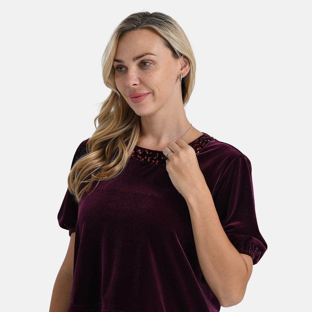&  maisi Women’s Velvet Sequin Round-Neck Top with Short Puff Sleeves