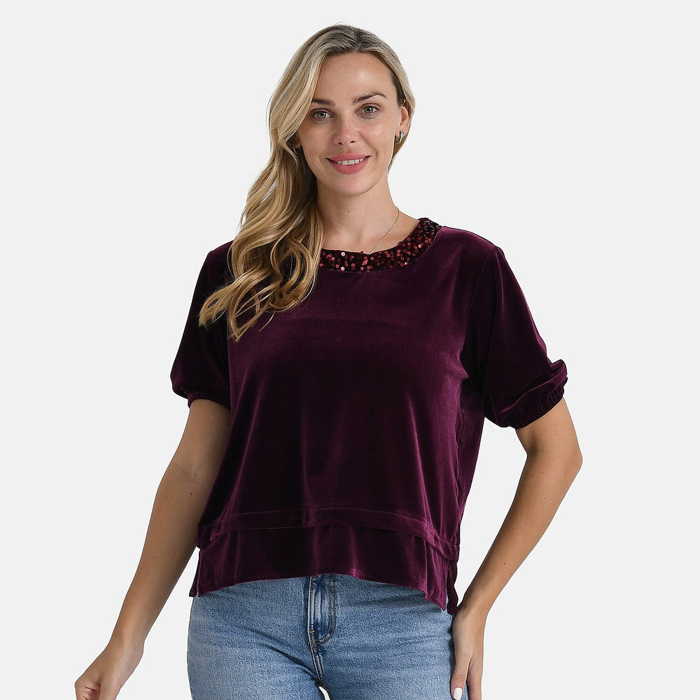 &  maisi Women’s Velvet Sequin Round-Neck Top with Short Puff Sleeves