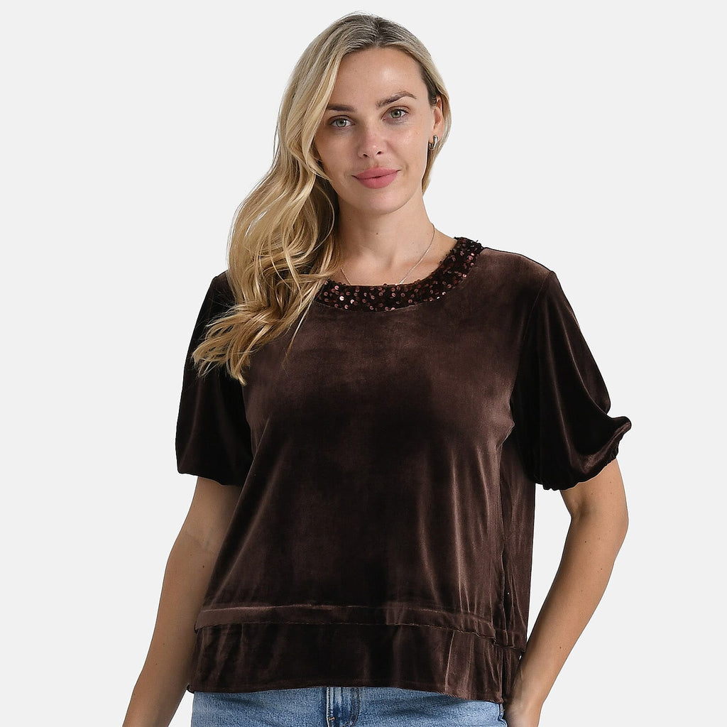 &  maisi Women’s Velvet Sequin Round-Neck Top with Short Puff Sleeves