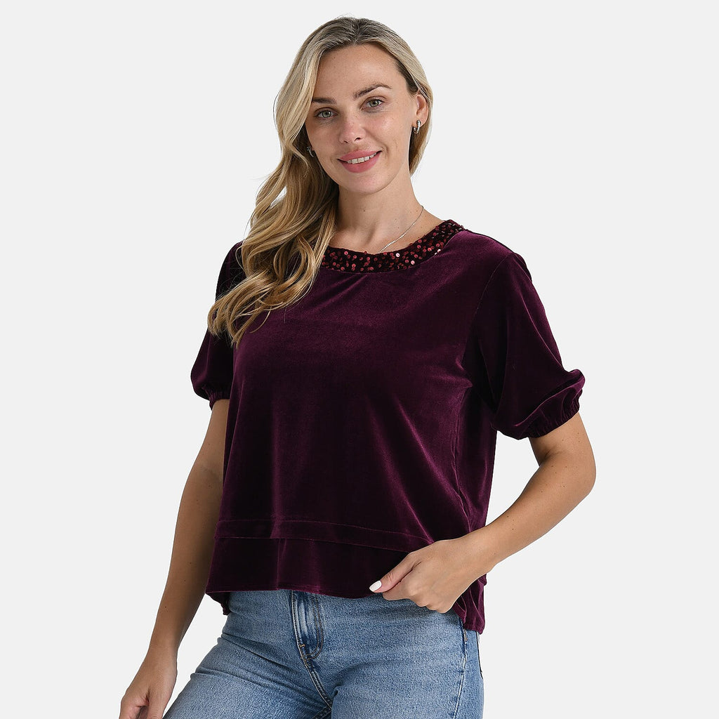 &  maisi Women’s Velvet Sequin Round-Neck Top with Short Puff Sleeves