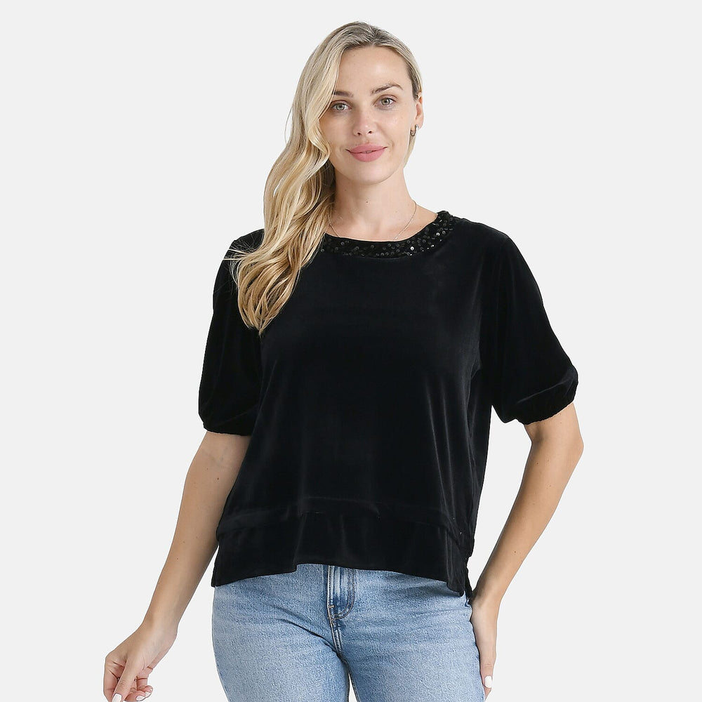 Diamante Collection - - Maisi Velvet Sequined Round-Neck Top  (Size 8-10) - Black