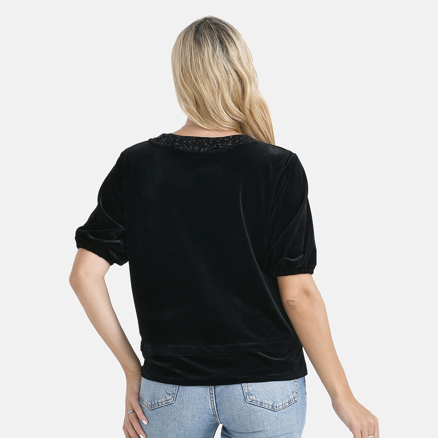 Diamante Collection - - Maisi Velvet Sequined Round-Neck Top  (Size 8-10) - Black