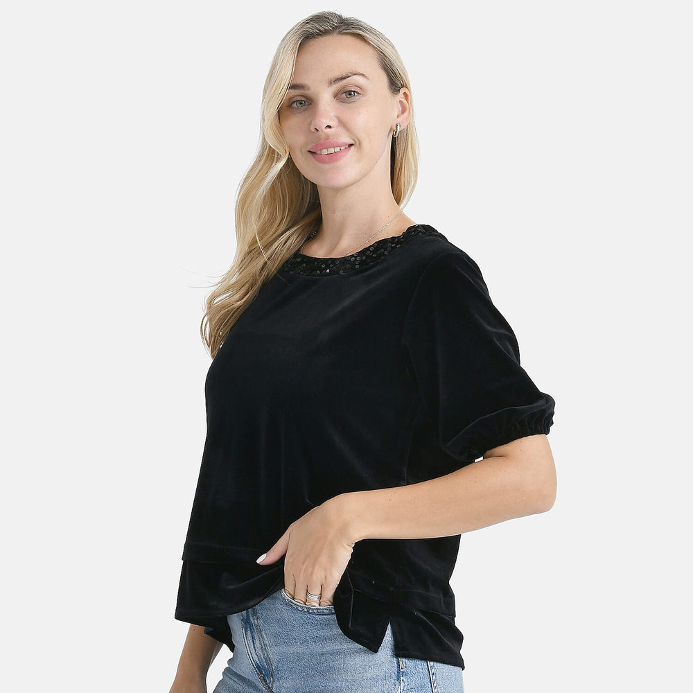 Diamante Collection - - Maisi Velvet Sequined Round-Neck Top  (Size 8-10) - Black
