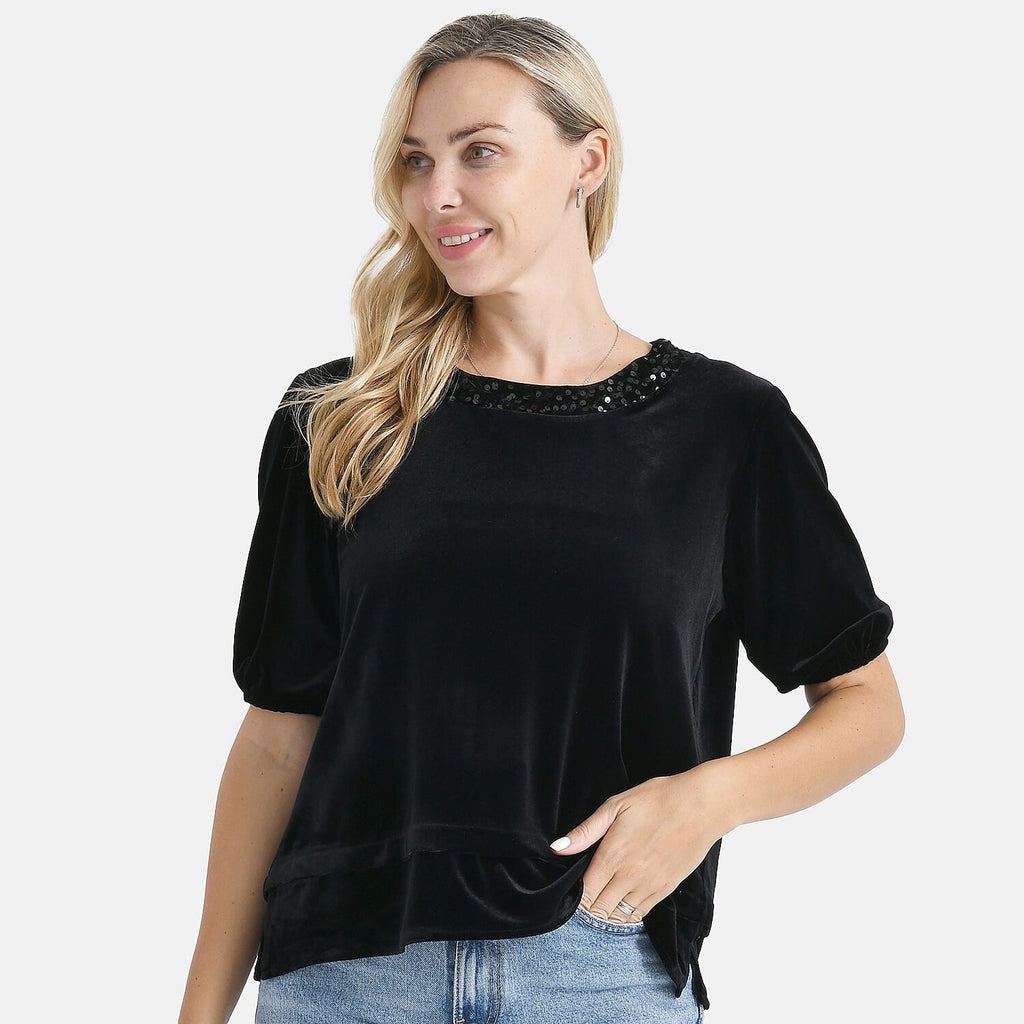 Diamante Collection - - Maisi Velvet Sequined Round-Neck Top  (Size 8-10) - Black