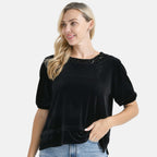Diamante Collection - - Maisi Velvet Sequined Round-Neck Top  (Size 8-10) - Black