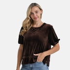 &  maisi Women’s Velvet Sequin Round-Neck Top with Short Puff Sleeves
