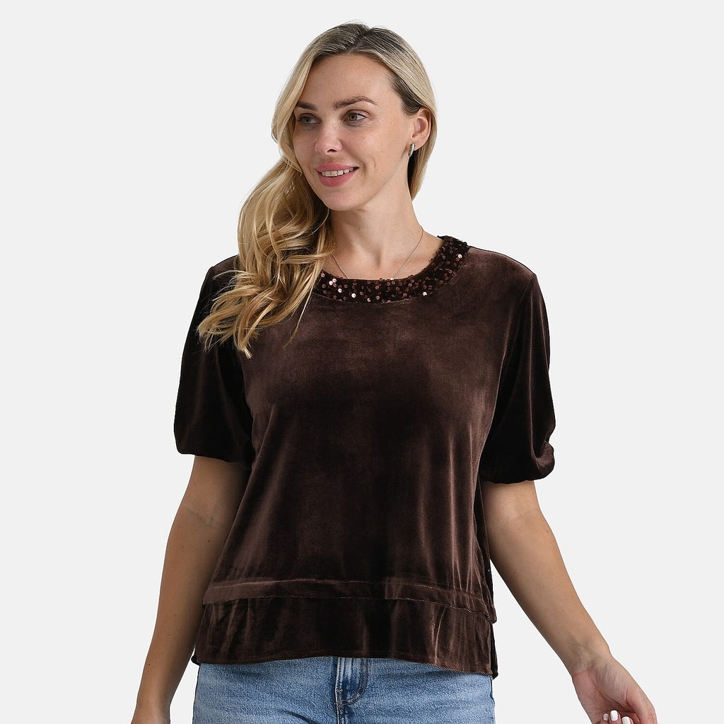 &  maisi Women’s Velvet Sequin Round-Neck Top with Short Puff Sleeves