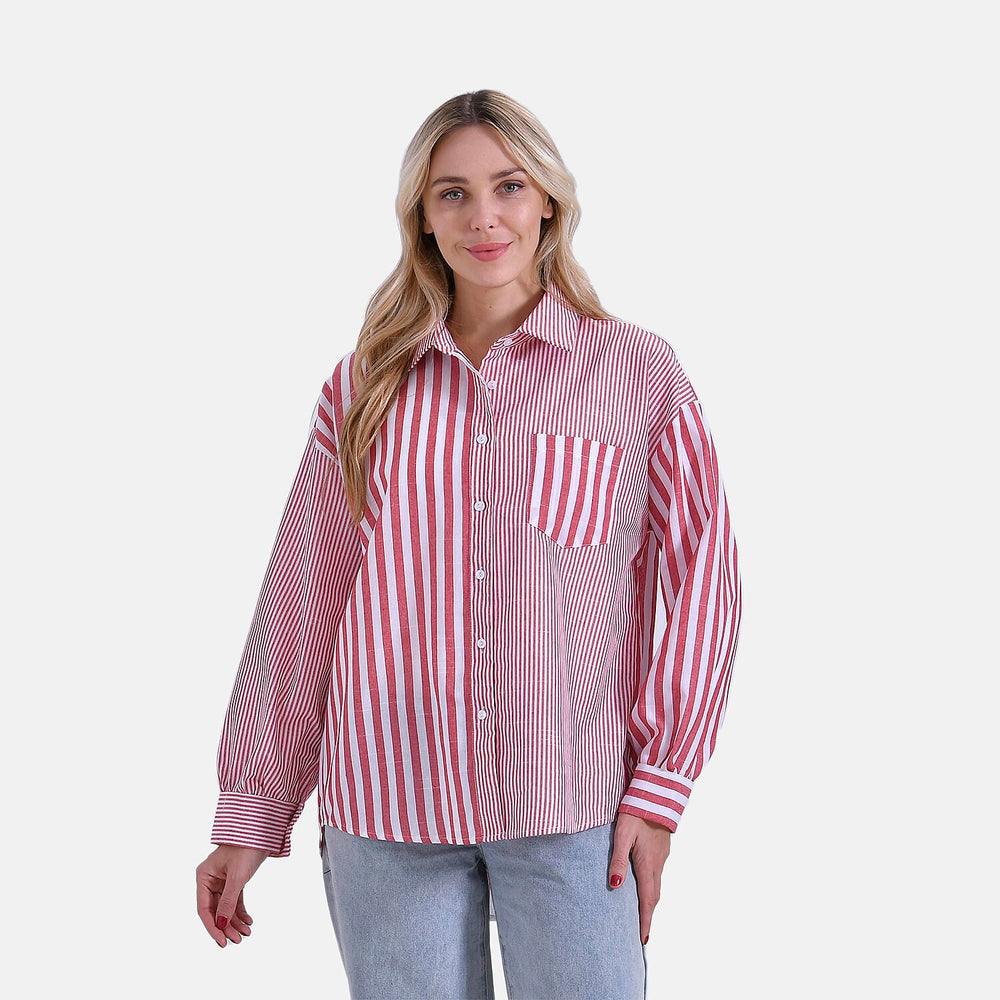 - Maisi Relaxed Fit Striped Long Sleeve Button Down Shirt (Size L) - Red