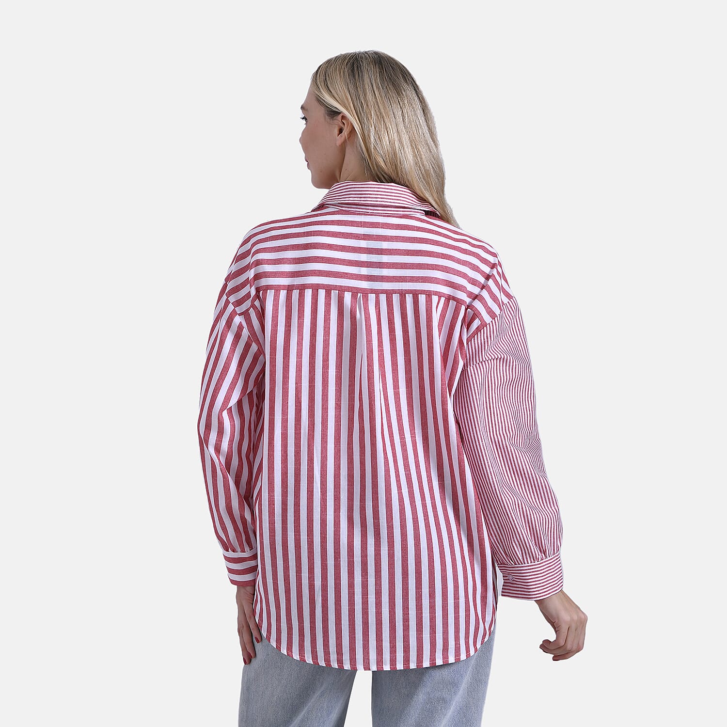 - Maisi Relaxed Fit Striped Long Sleeve Button Down Shirt (Size L) - Red