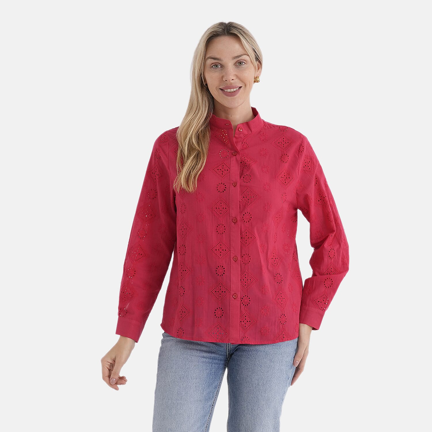 - Maisi Pure Cotton Mandarin Collar Embroidery Shirt (Size 12) - Red