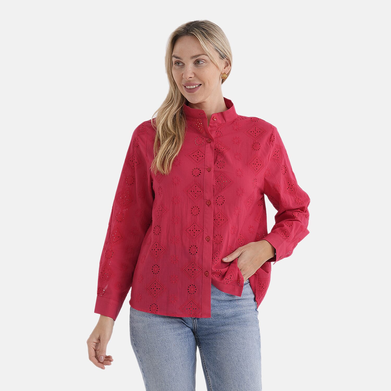 - Maisi Pure Cotton Mandarin Collar Embroidery Shirt (Size 12) - Red