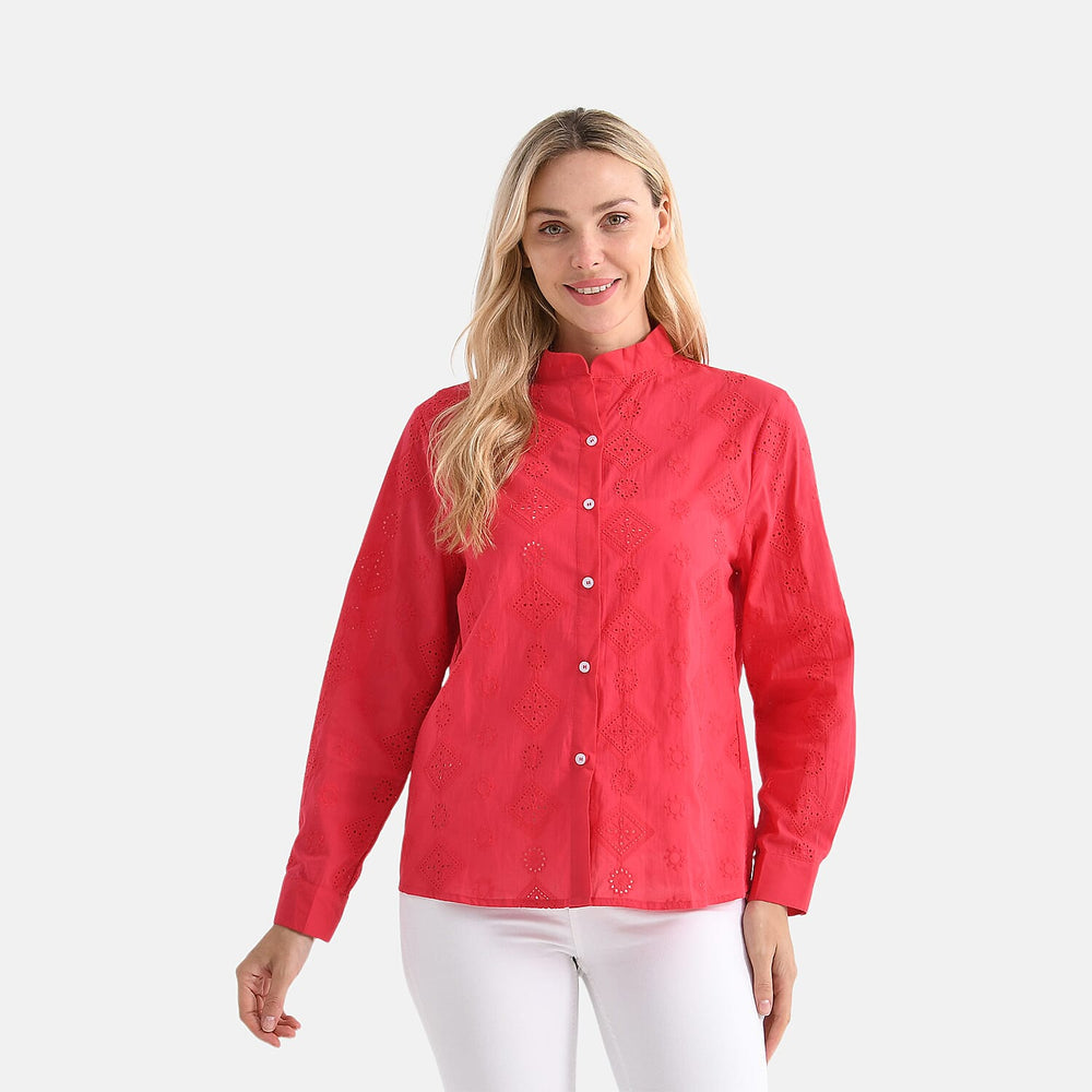 - Maisi 100% Cotton Embroidered Shirt with Stand-up Collar (Size 12) - Red