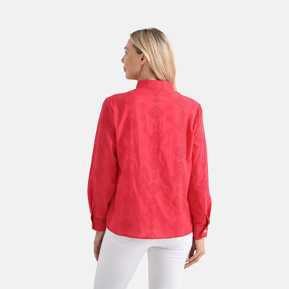- Maisi 100% Cotton Embroidered Shirt with Stand-up Collar (Size 12) - Red