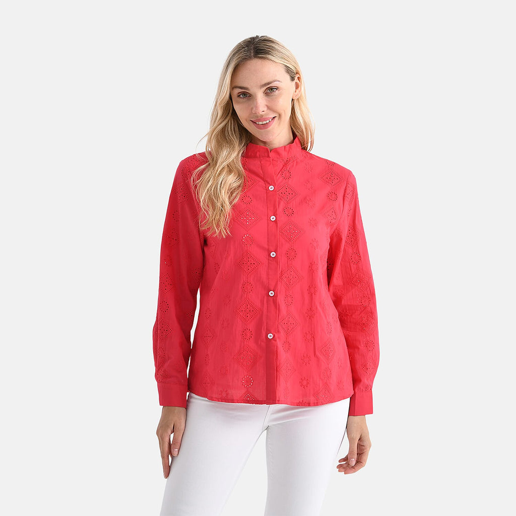 - Maisi 100% Cotton Embroidered Shirt with Stand-up Collar (Size 12) - Red