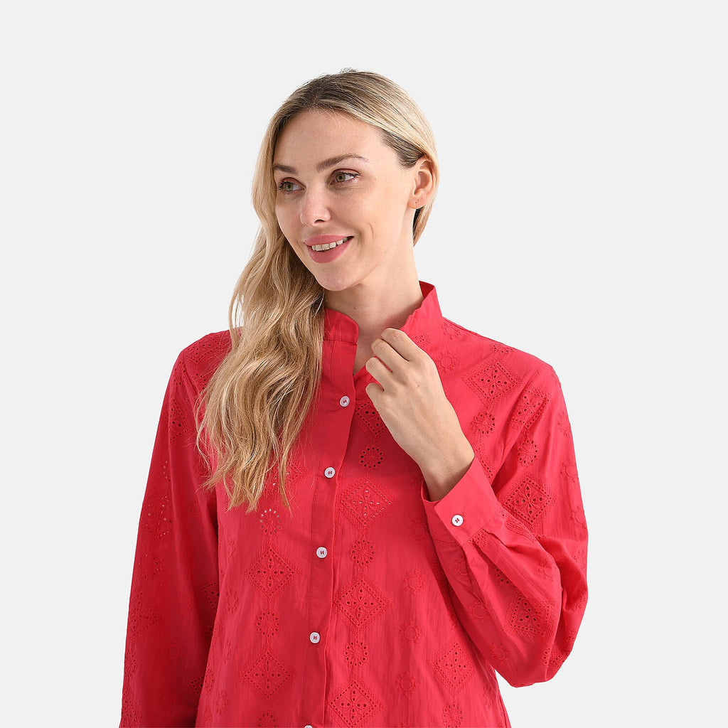 - Maisi 100% Cotton Embroidered Shirt with Stand-up Collar (Size 12) - Red