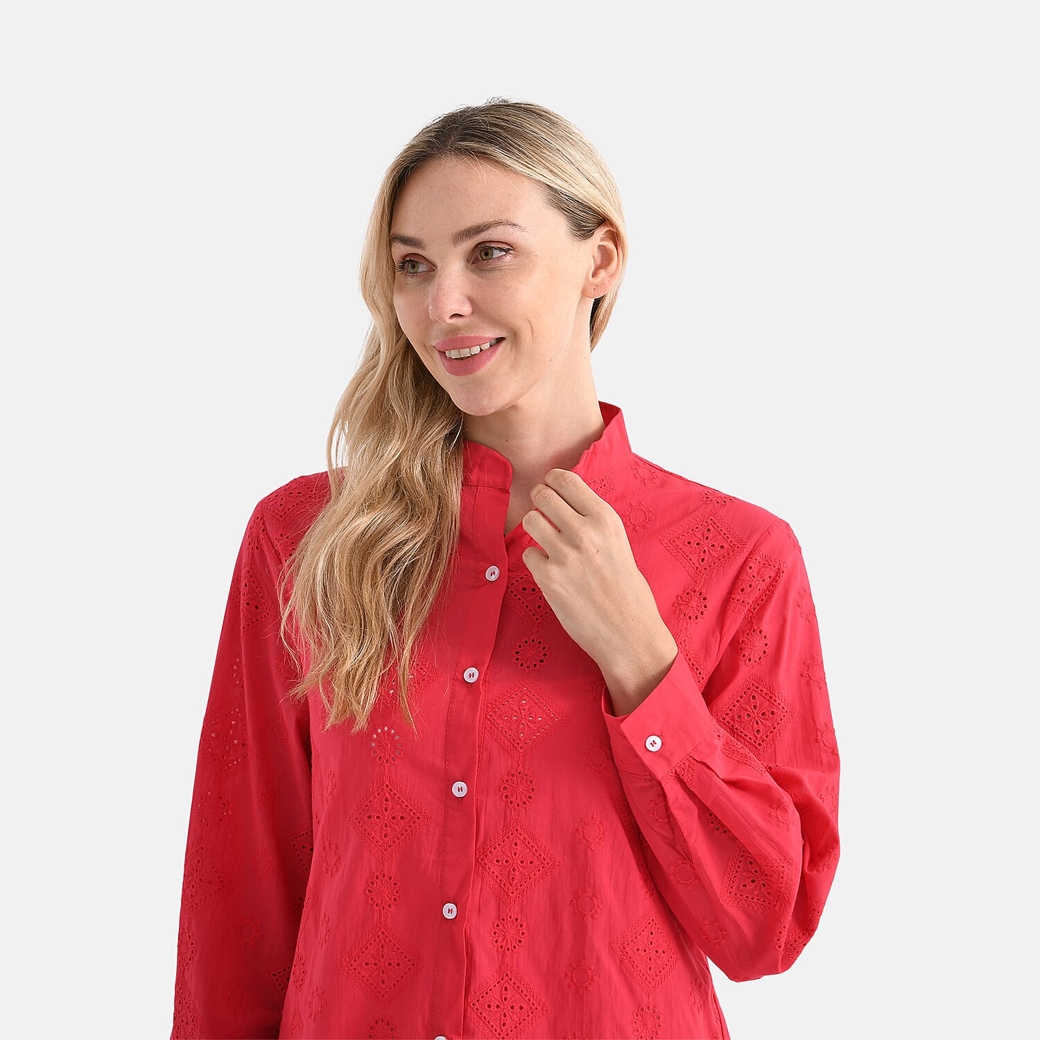 - Maisi 100% Cotton Embroidered Shirt with Stand-up Collar (Size 12) - Red