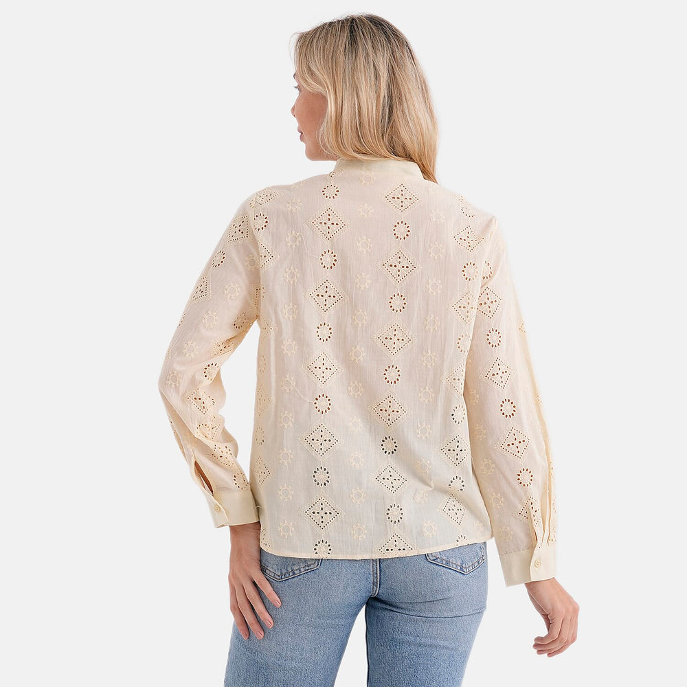 - Maisi Pure Cotton Mandarin Collar Embroidery Shirt (Size 12) - Yellow