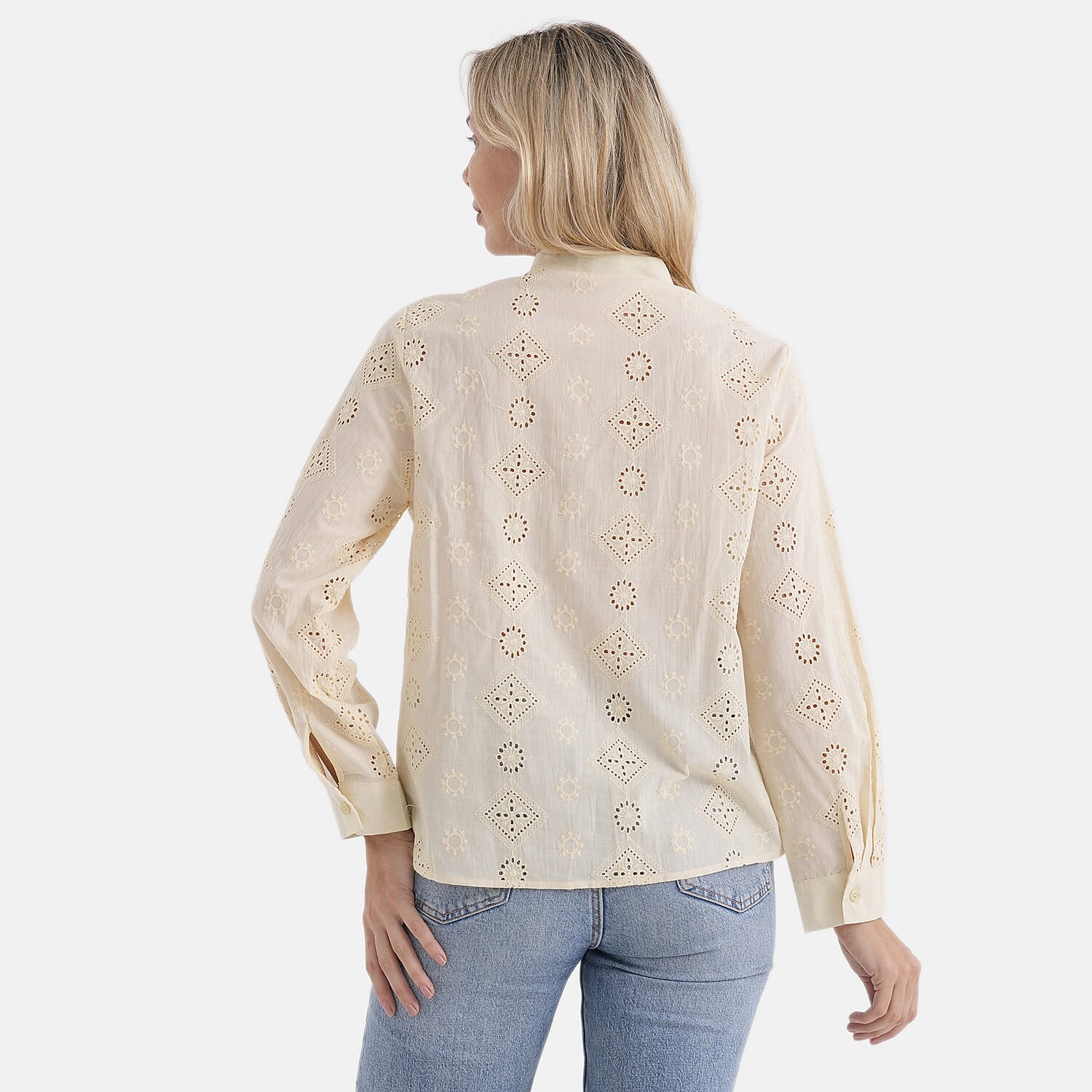 - Maisi Pure Cotton Mandarin Collar Embroidery Shirt (Size 12) - Yellow