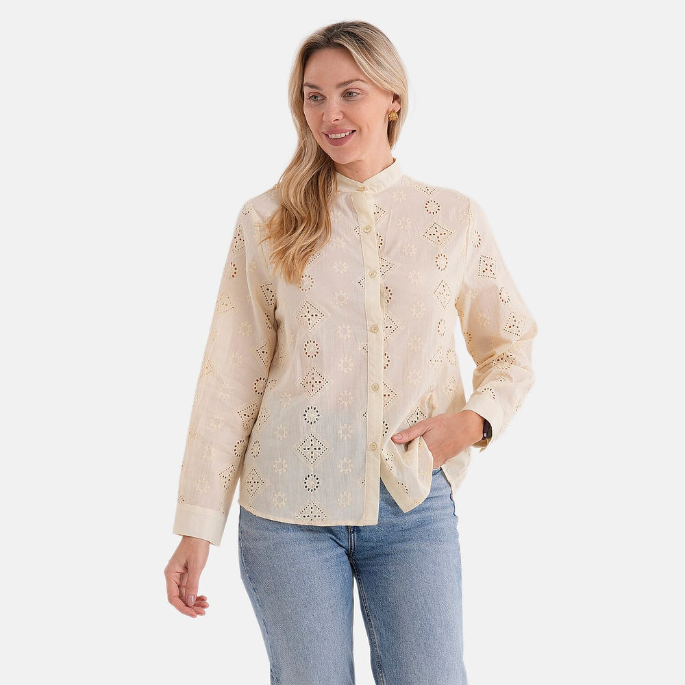 - Maisi Pure Cotton Mandarin Collar Embroidery Shirt (Size 12) - Yellow