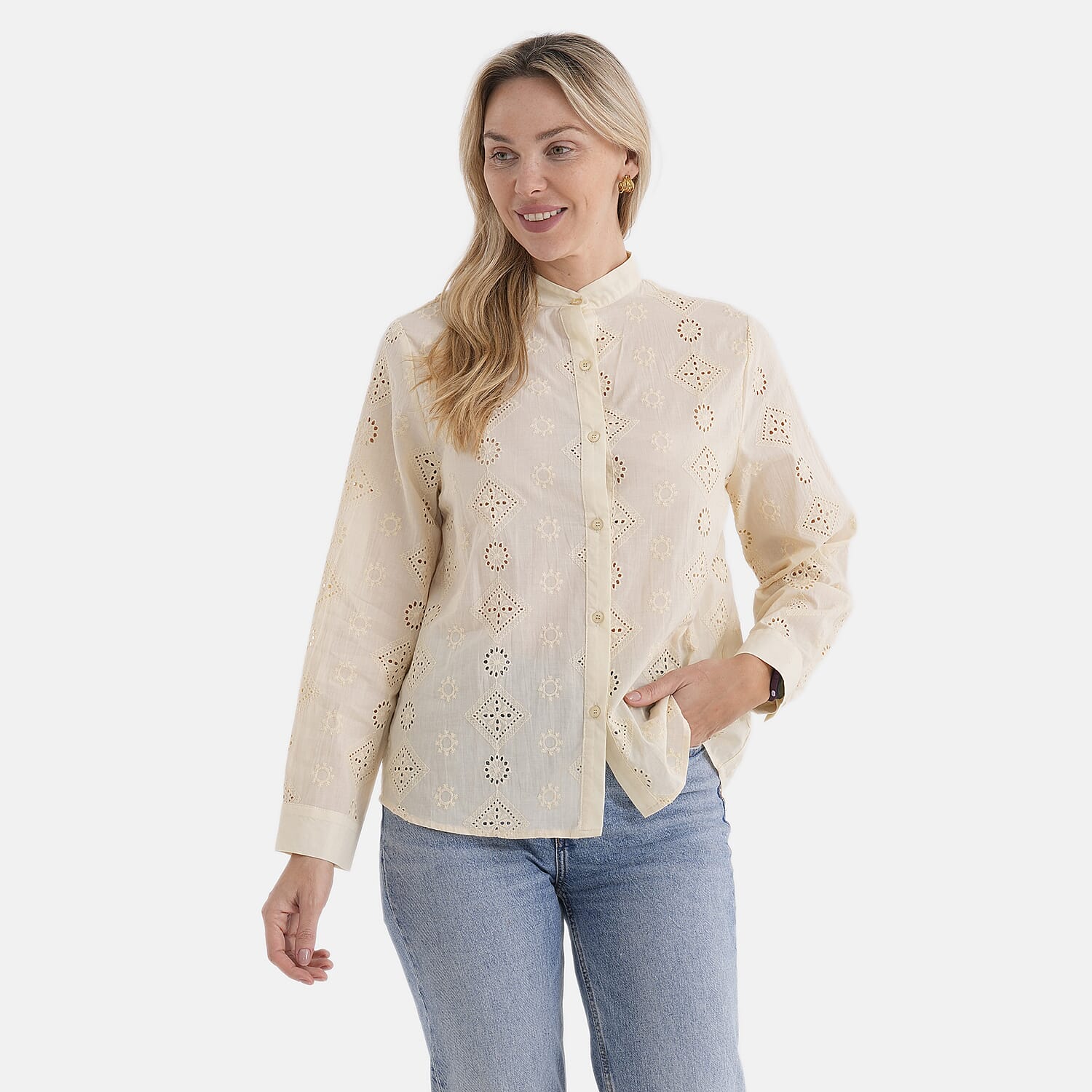 - Maisi Pure Cotton Mandarin Collar Embroidery Shirt (Size 12) - Yellow