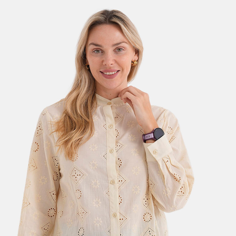 - Maisi Pure Cotton Mandarin Collar Embroidery Shirt (Size 12) - Yellow