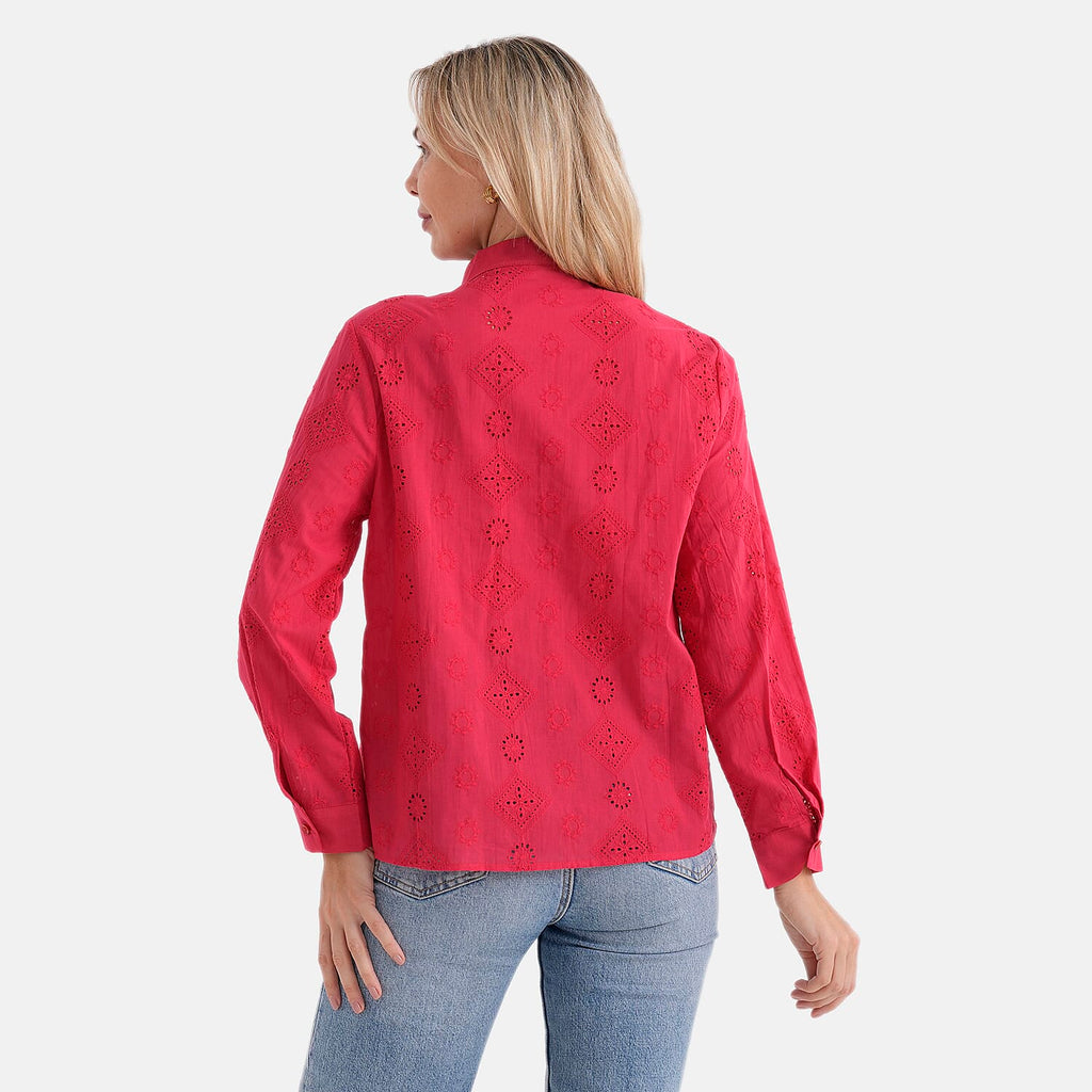 - Maisi Pure Cotton Mandarin Collar Embroidery Shirt (Size 16) - Red