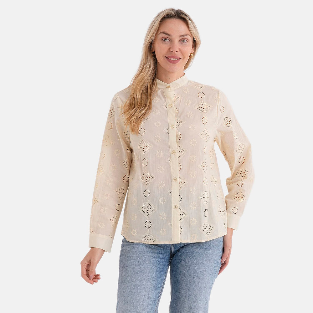 - Maisi Pure Cotton Mandarin Collar Embroidery Shirt (Size 16) - Yellow