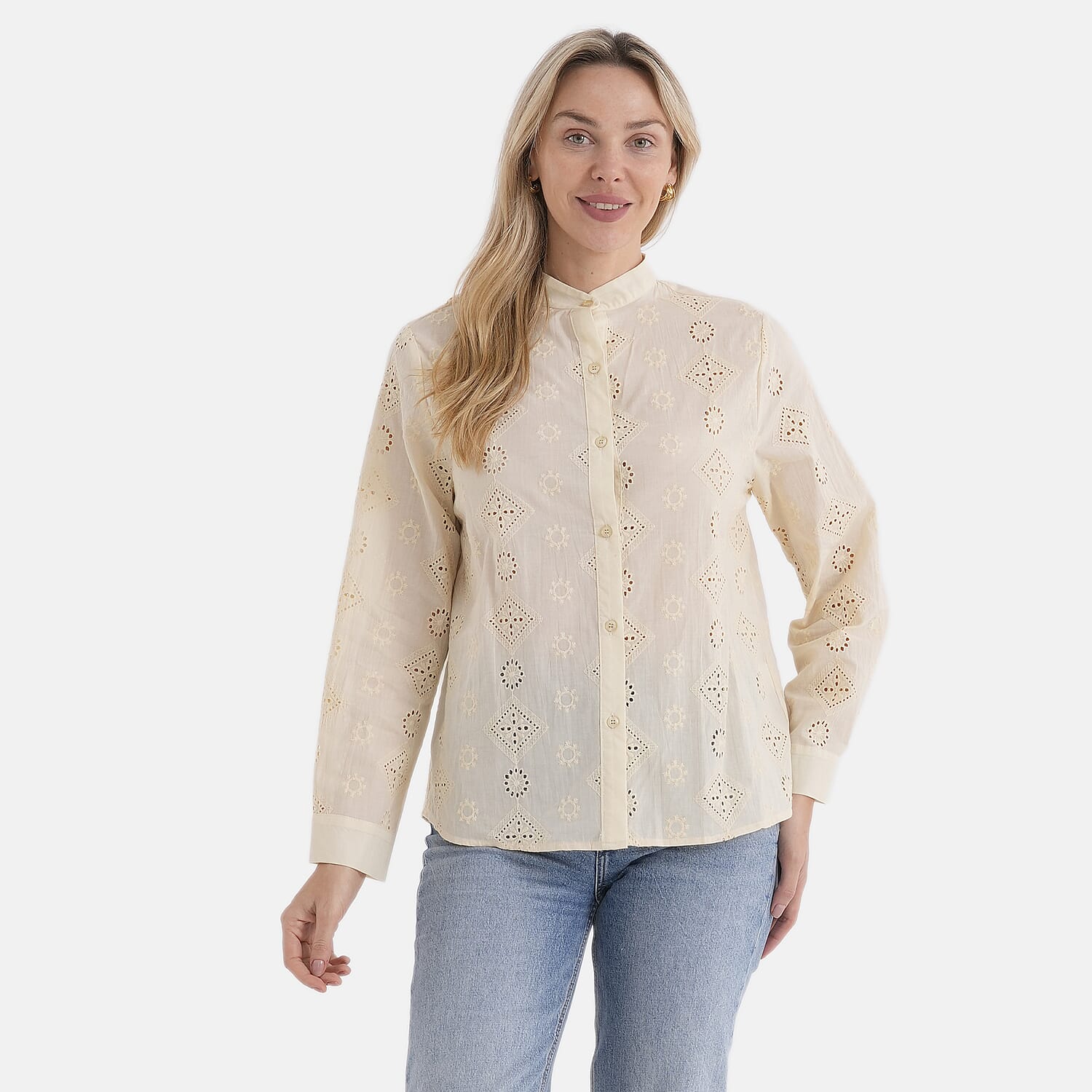 - Maisi Pure Cotton Mandarin Collar Embroidery Shirt (Size 16) - Yellow