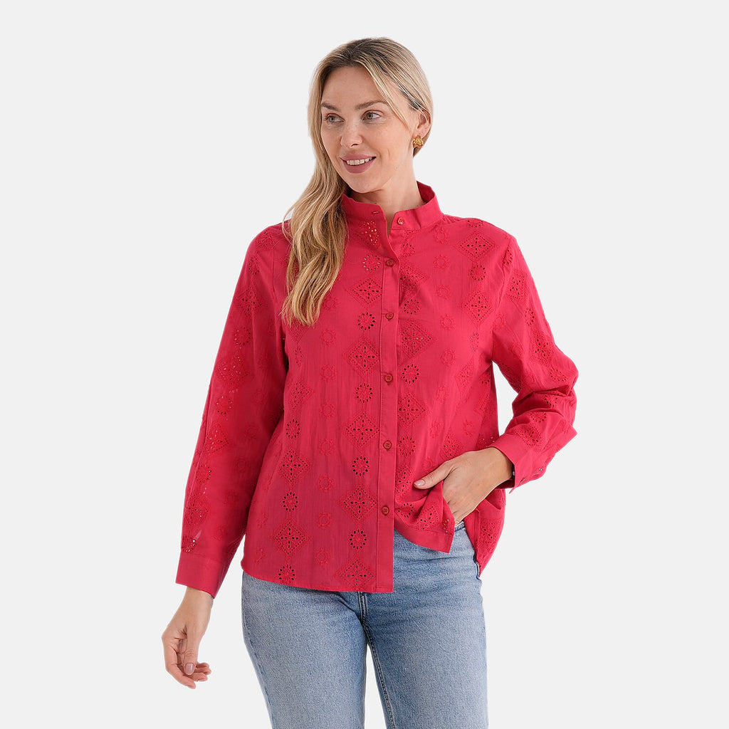 - Maisi Pure Cotton Mandarin Collar Embroidery Shirt (Size 18) - Red