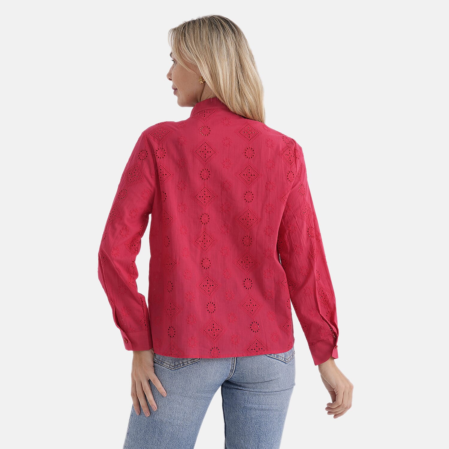 - Maisi Pure Cotton Mandarin Collar Embroidery Shirt (Size 20) - Red