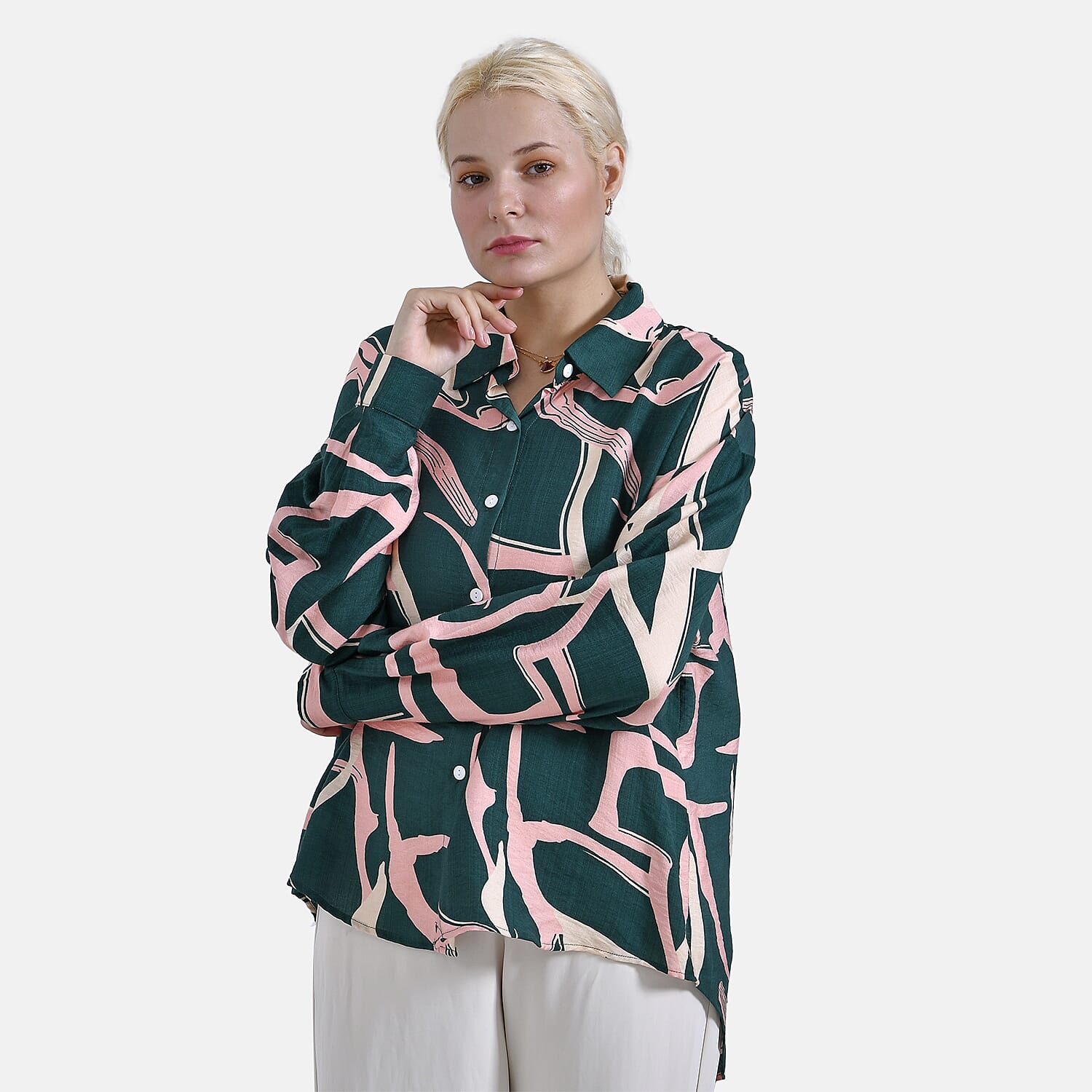 - Maisi Abstract Pattern Relaxed Fit Shirt (Size L-XL) - Green - Pink