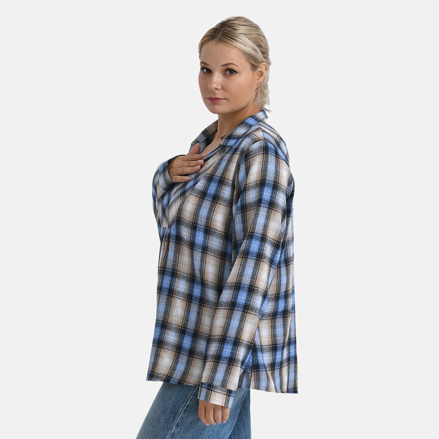 - Maisi Plaid Checkered Pattern Shirt (Size L) - Blue - Brown