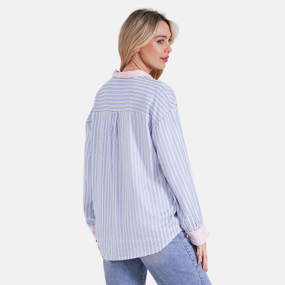 - Maisi Color Block Stripe Casual Shirt (Size L) - Blue - Pink